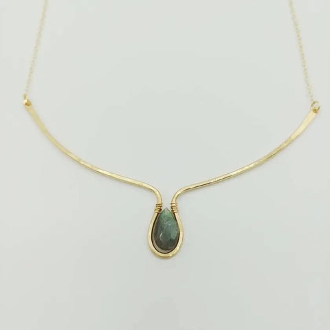 curved gold bar necklace with labradorite