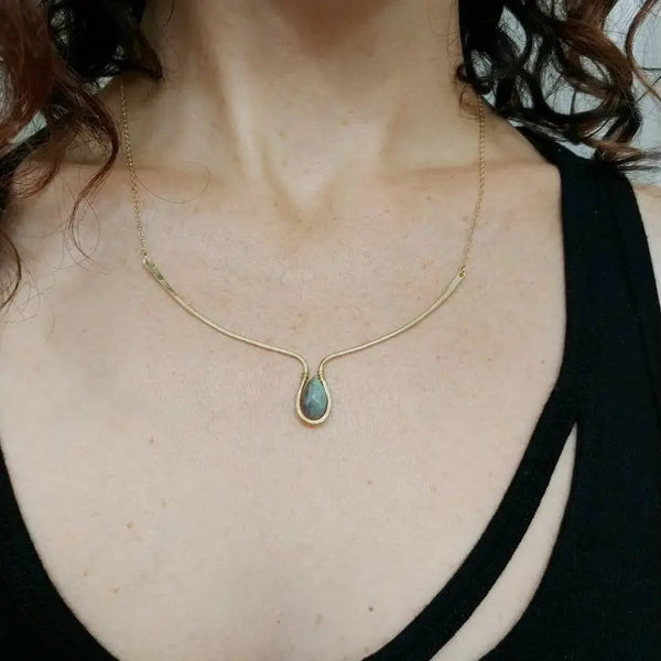 curved gold bar necklace with labradorite