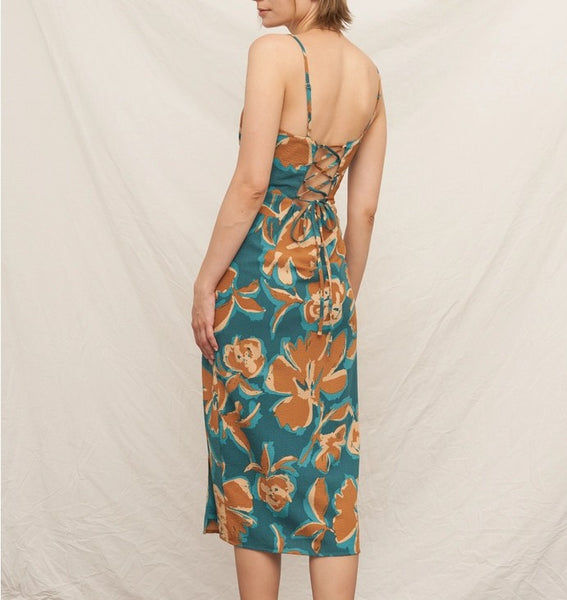 teal & tan floral midi dress