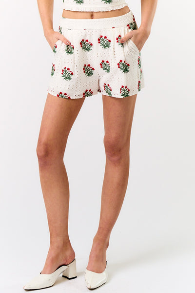 embroidered red flower short