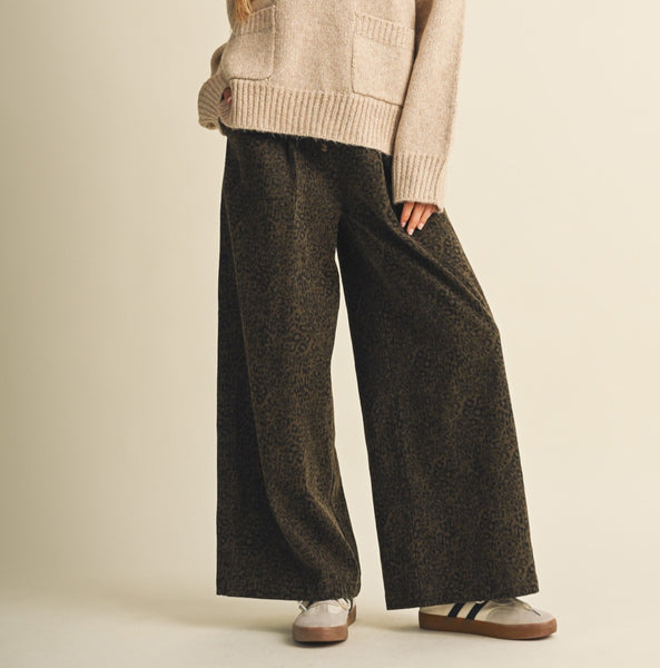 leopard wide leg drawstring pants
