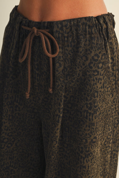 leopard wide leg drawstring pants