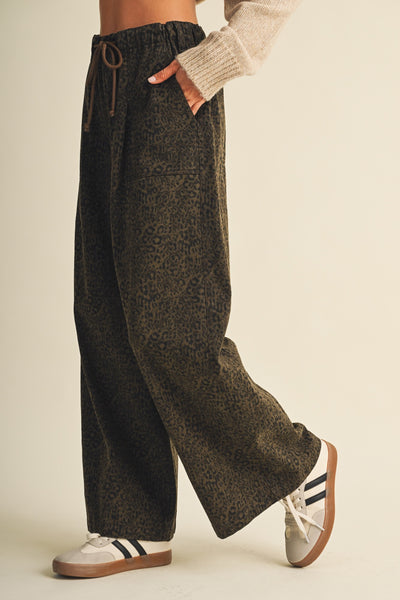 leopard wide leg drawstring pants