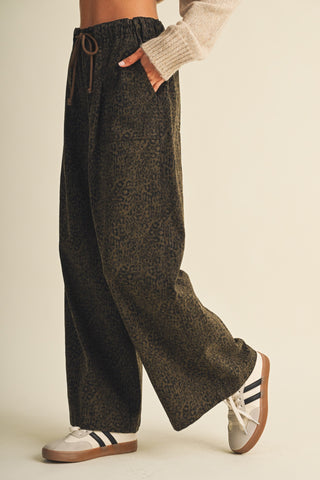 leopard wide leg drawstring pants