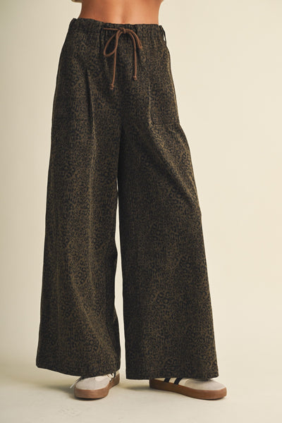 leopard wide leg drawstring pants