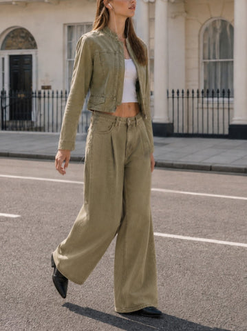 olive demim pleated jeans