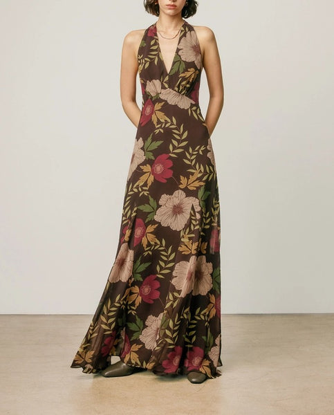earthy floral halter dress