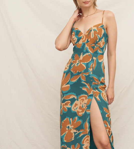 teal & tan floral midi dress