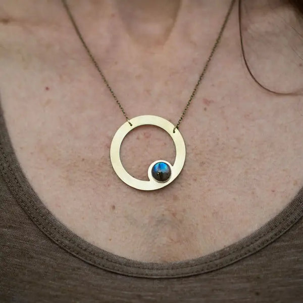 brass circle necklace with labradorite