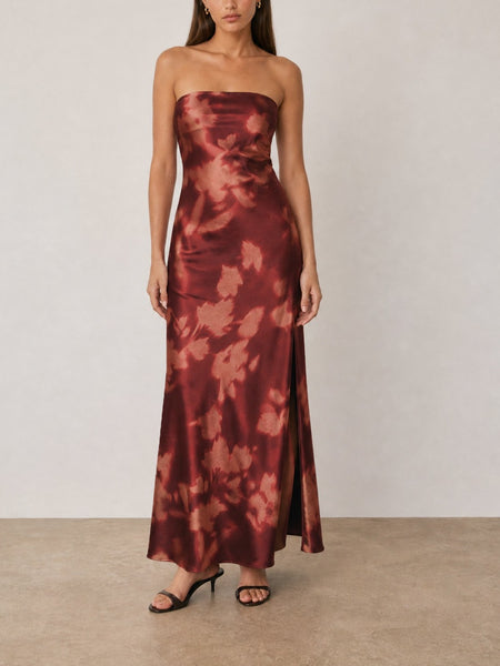 blush and wine strapless satin dress