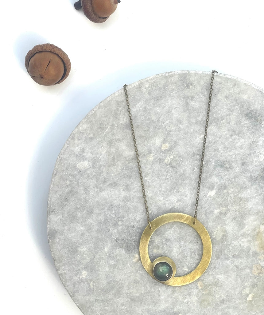 brass circle necklace with labradorite