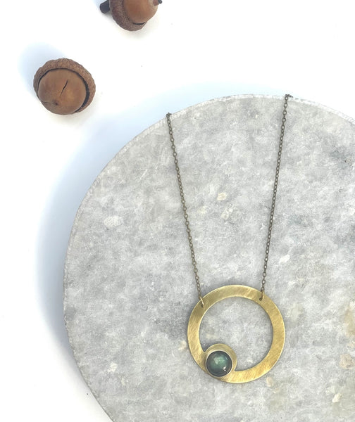 brass circle necklace with labradorite