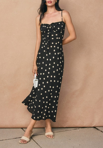 ruched polka dot slip dress