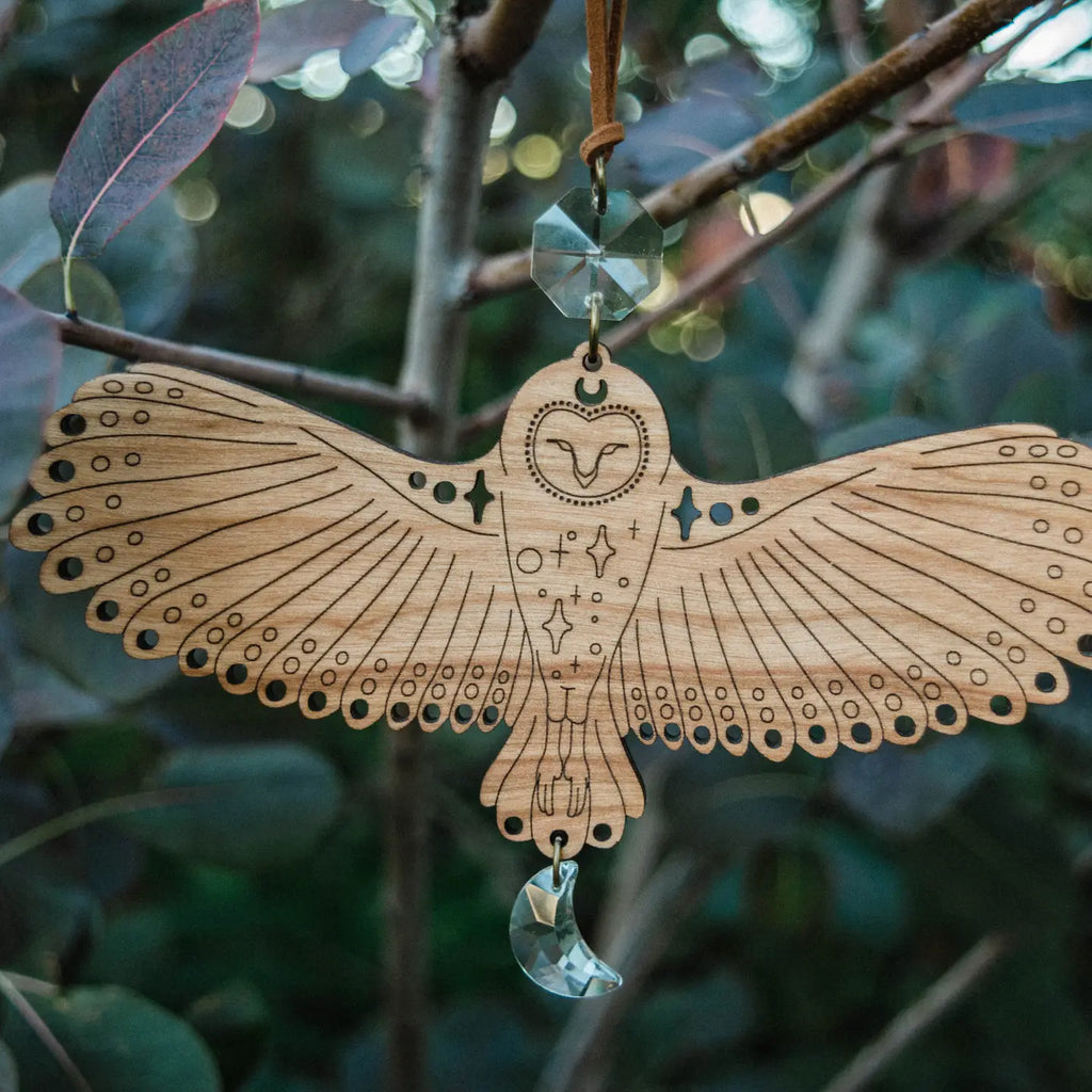 small hanging wood owl prism