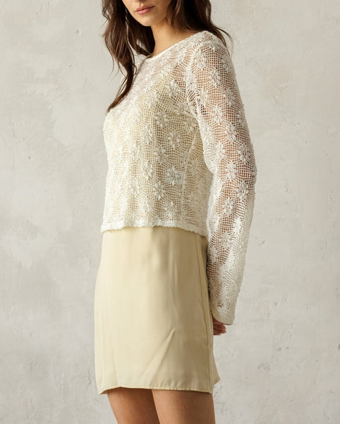 crochet bell sleeve cream top
