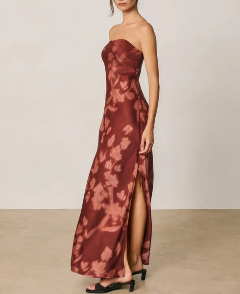 blush and wine strapless satin dress