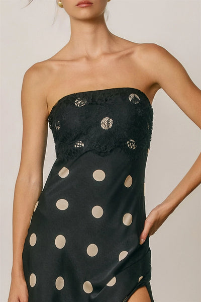 polka dot strapless maxi dress