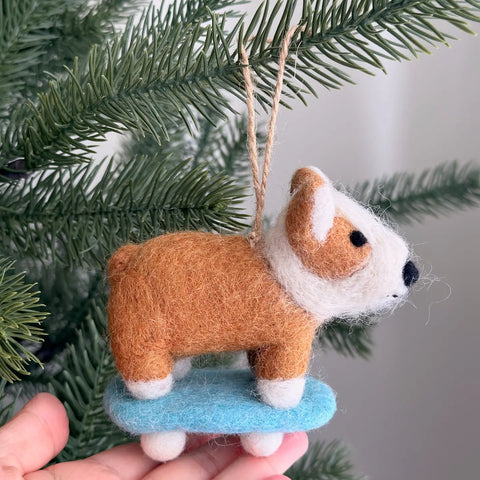 Corgi on a skateboard ornament