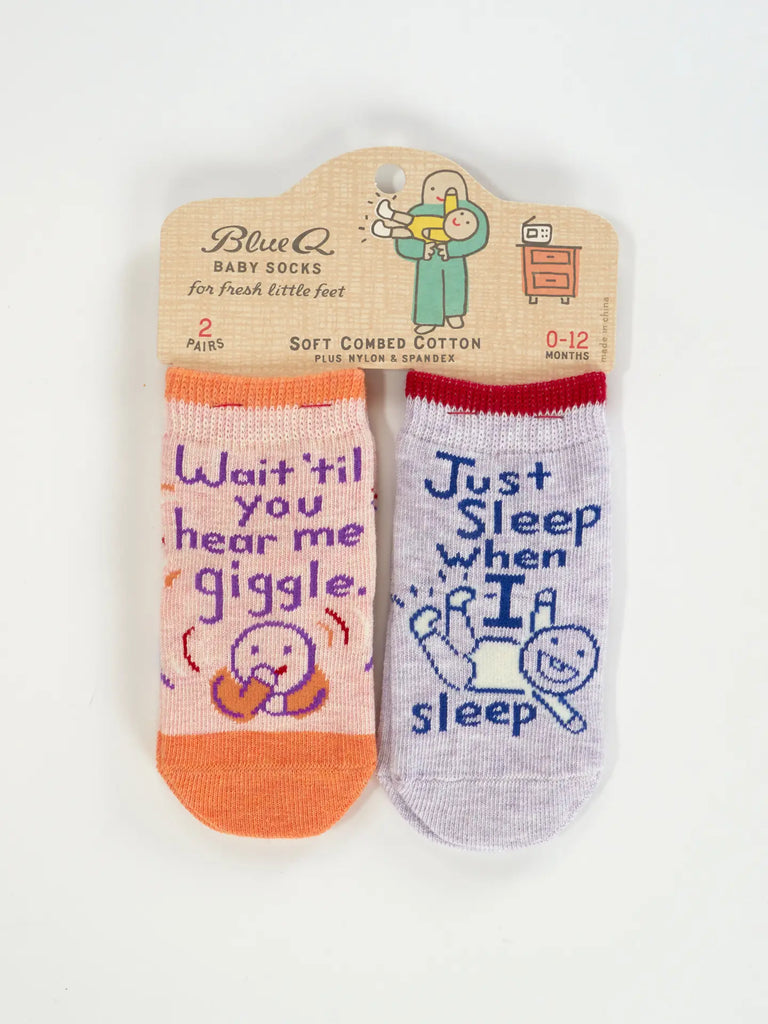 "wait till you hear me giggle" baby socks