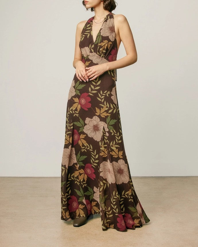 earthy floral halter dress