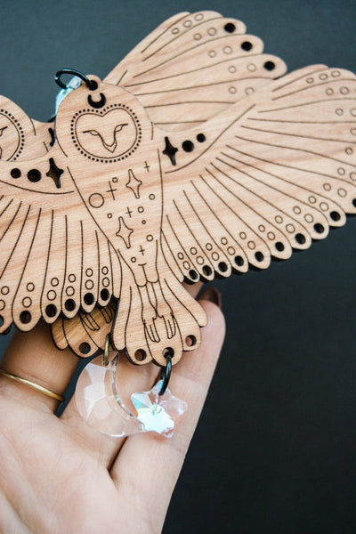 small hanging wood owl prism