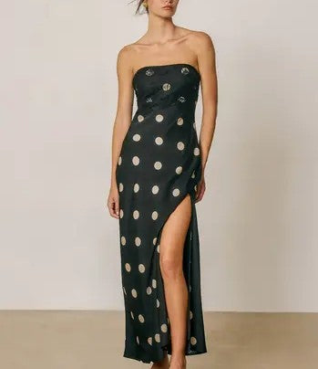 polka dot strapless maxi dress