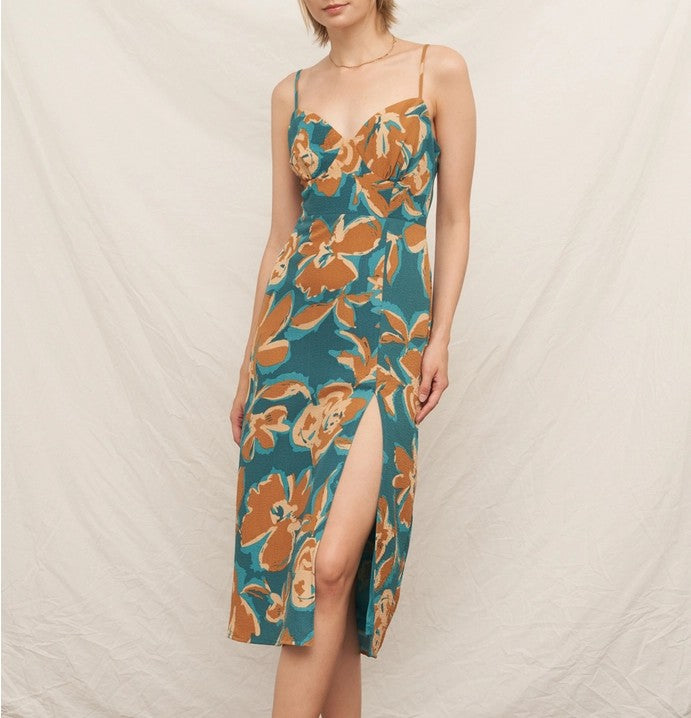 teal & tan floral midi dress