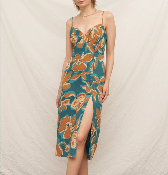 teal & tan floral midi dress