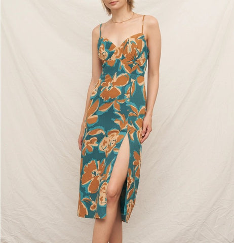 teal & tan floral midi dress