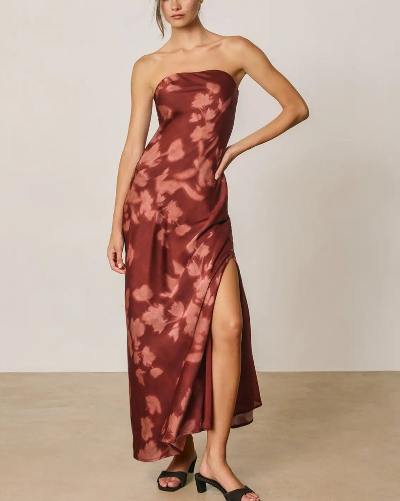 blush and wine strapless satin dress