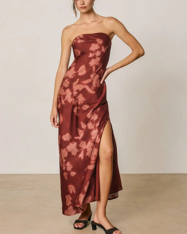 blush and wine strapless satin dress