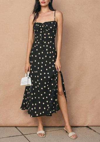 ruched polka dot slip dress