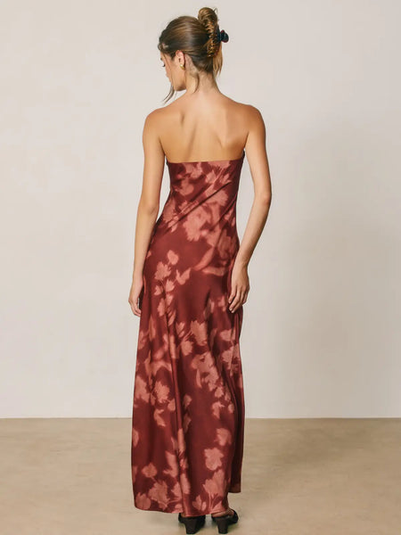 blush and wine strapless satin dress