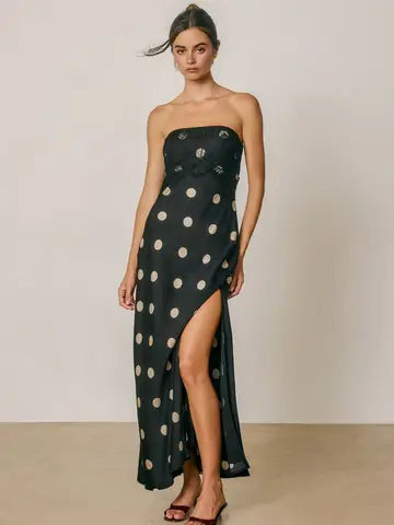 polka dot strapless maxi dress