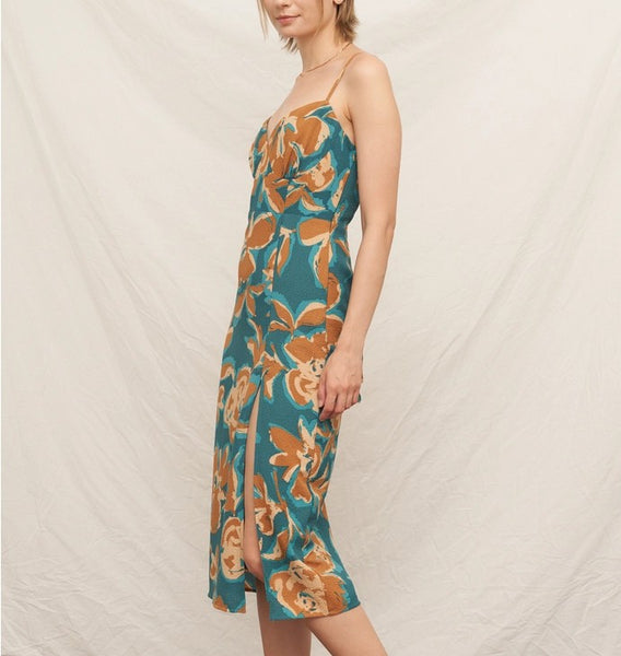 teal & tan floral midi dress